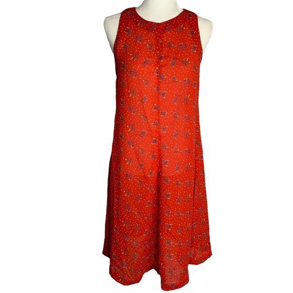 Vintage Handmade Fit N Flare Dress M Red Floral Sleeveless Button Knee Length - Picture 1 of 6